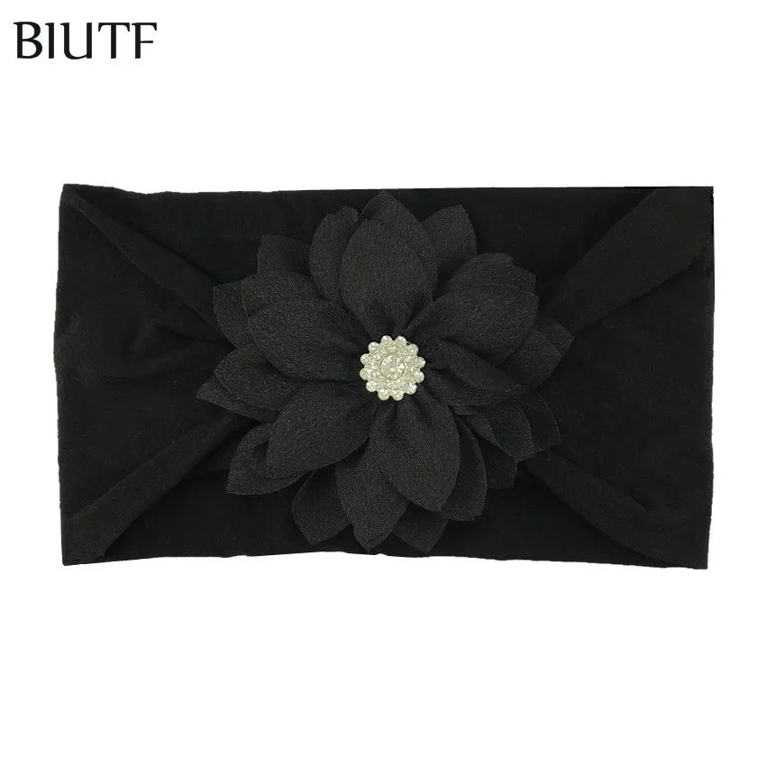 1-black 20 шт./лот, Детская повязка на голову, Широкая мягкая эластичная нейлоновая повязка на голову с 9 см тканью, цветок лотоса, стразы по центру чалма, закрывающая уши HB109 - Цвет: 1-black