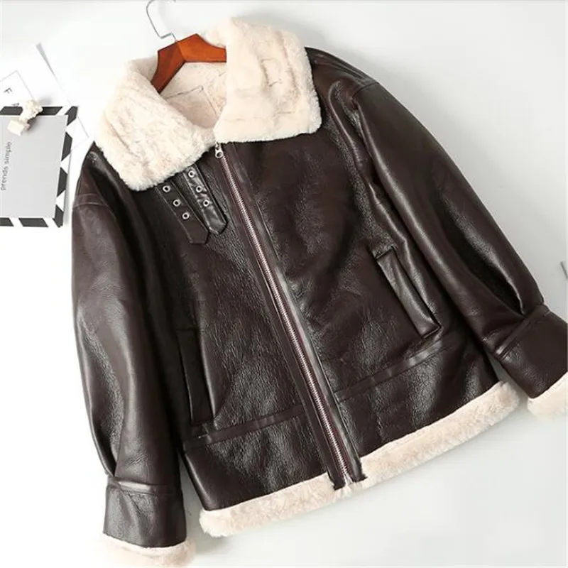 Leather jacket female new loose PU leather plus velvet thick fur one motorcycle clothing women winter lamb hair warm coat