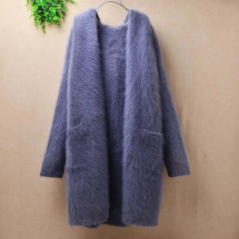 

Heavy thick top mujer femme autumn winter fashion plush mink cashmere cardigan angora fur knitted wool loose sweater hooded coat mantle