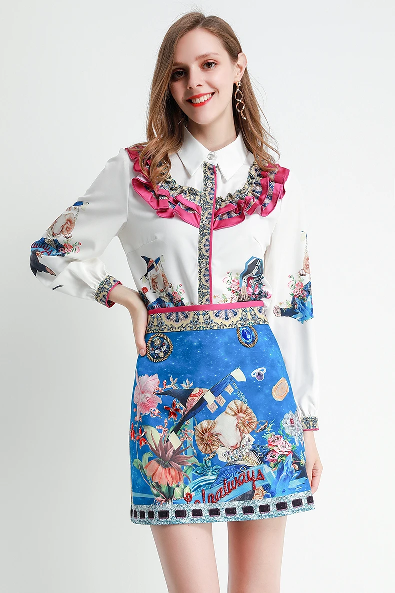 Модный дизайнерский комплект moaayina, Весенняя женская рубашка с длинным рукавом и оборками, топы+ короткая юбка с бисером, элегантный комплект из двух предметов