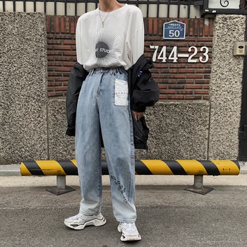 

2019 Men's Leisure Baggy Homme Wide Leg Pants Wash Jeans Blue Color Classic Printing Patch Casual Pants Loose Trousers M-2XL