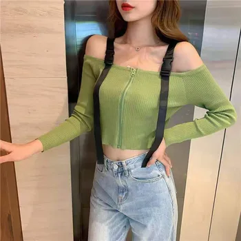 

Women 2020 Fashion Solid Color Zipper Sweater Sexy Slash Neck Sling Crop Tops Female Long Sleeve Knitted Sweaters Knitwear