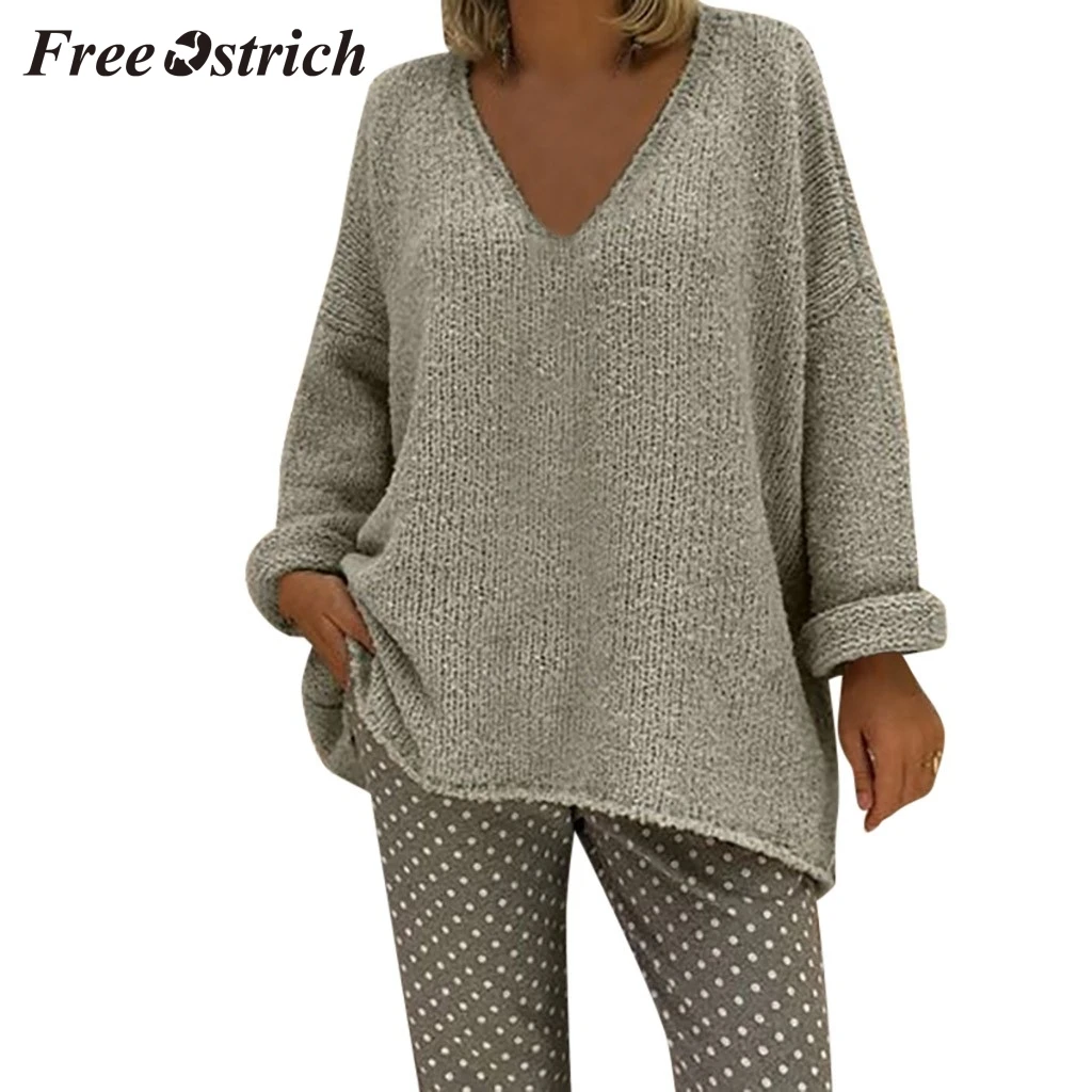 

FREE OSTRICH Women sweater fashion wild long-sleeved patchwork comfortable pullover sweater regular V-neck daily casual sweater