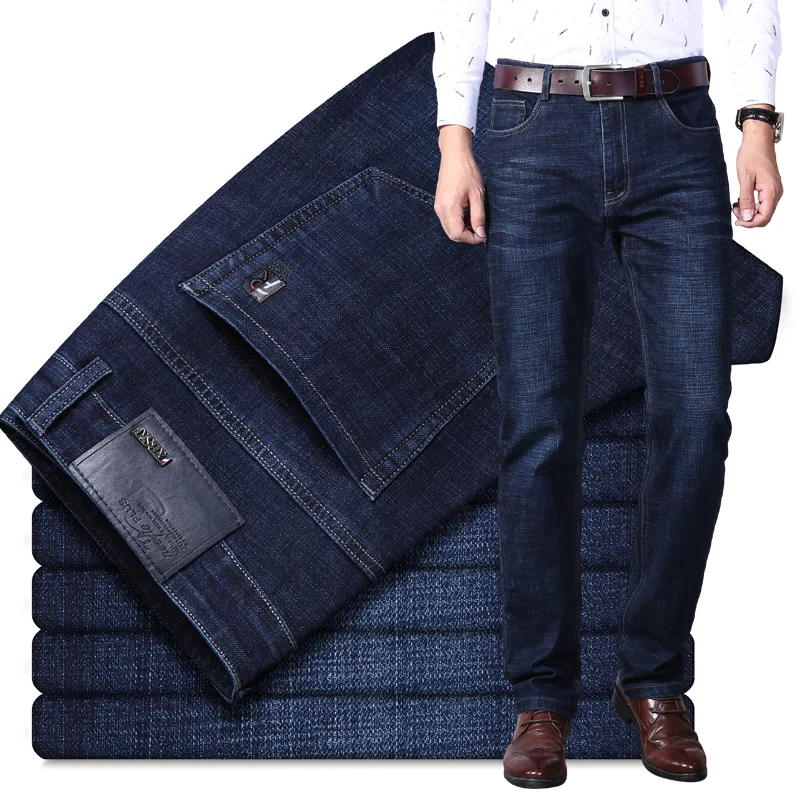 Осень и зима новые мужские стрейч джинсы Бизнес Slim Fit маленькие прямые джинсовые брюки мужские брюки черный синий