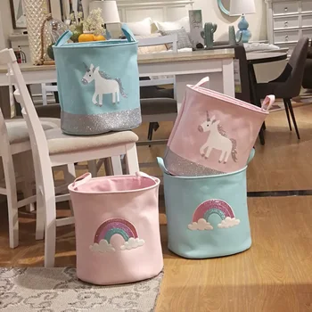 

Folding Canvas Storage Basket Unicorn Rainbow Ins Style Portable Bedroom Clothes Storage Bucket Cotton Hamper Laundry Basket