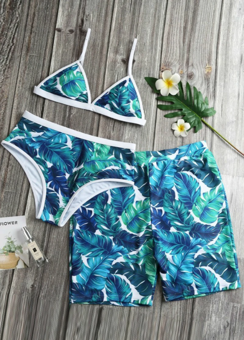 

Couple Swimwear Women Bikinis Set Leaf Print Swimsuit Girl Bathing Suit Beach Shorts Men Swim Trunks Lovers De Bain Homme Mayo