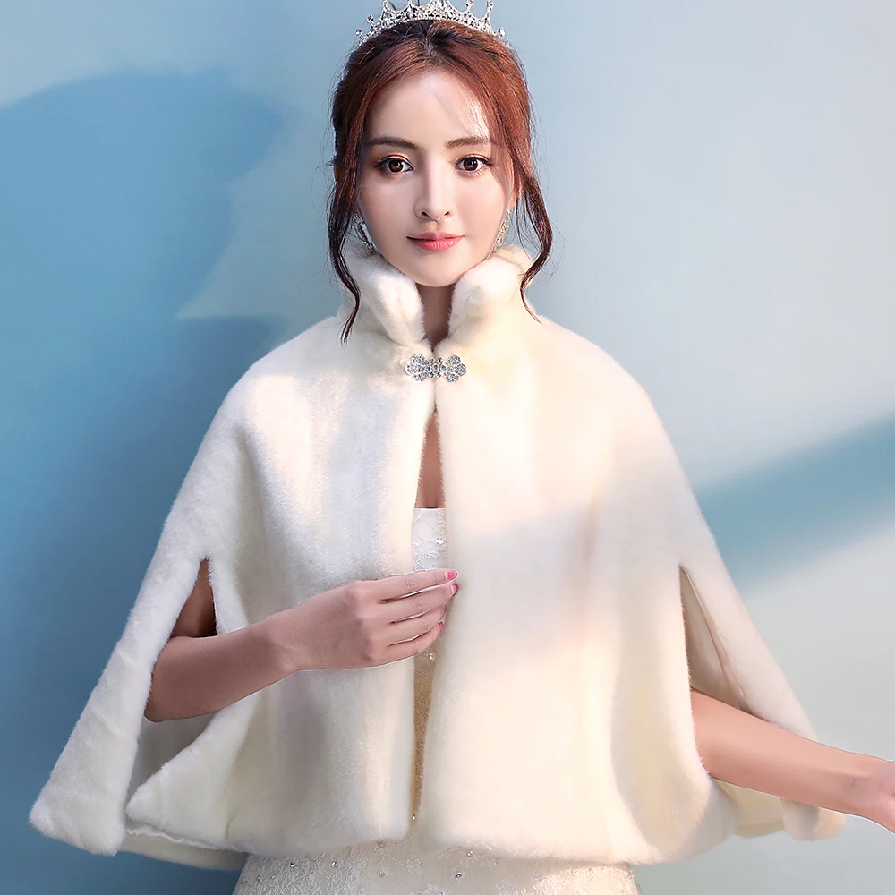 

Women Ivory Faux Fur Wedding Bridal Cloak Winter Warm Evening Party Cape Bridesmaid Prom Bolero Jacket Mandarin Collar Coat