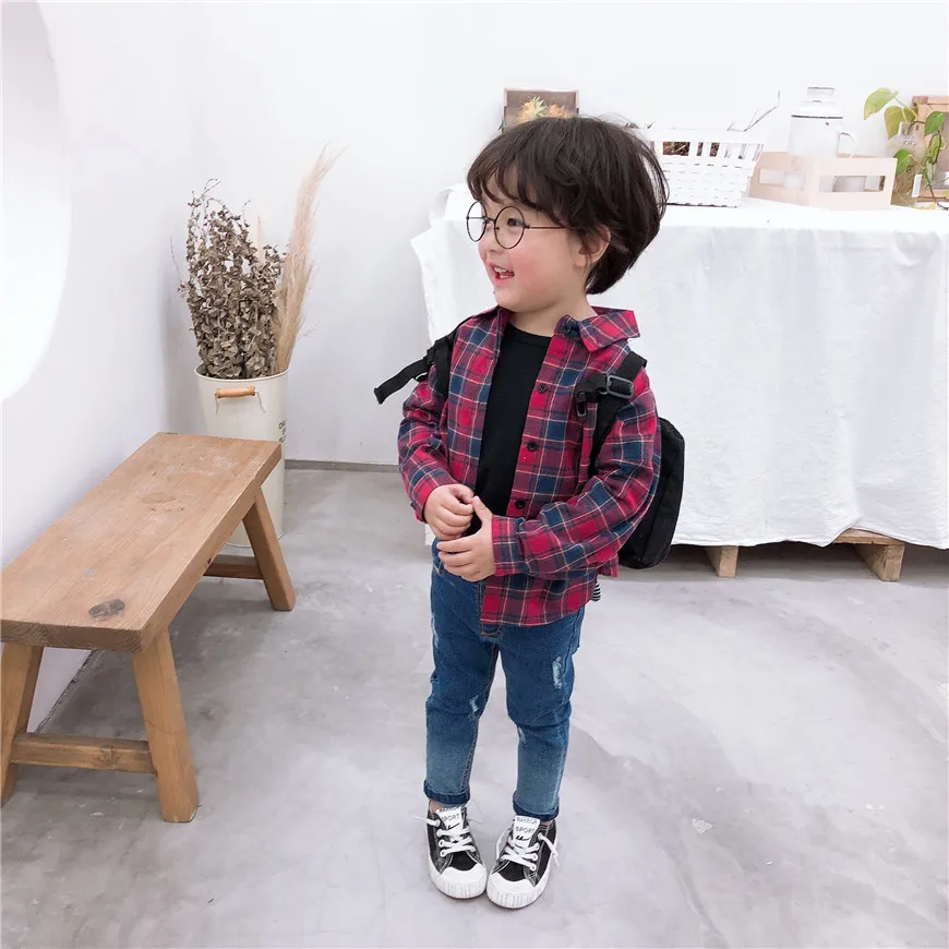 Autumn New Style Korean-style Childrenswear Men And Women Child Baby Plaid Casual Shirt Versatile Shirt