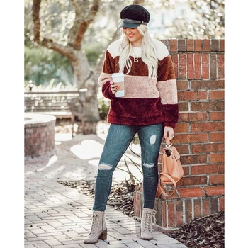 

Autumn/Winter 2019 Fashion Stitch Round-necked Long-sleeved Women's Top Women Sweatshirt Striped Pullovers