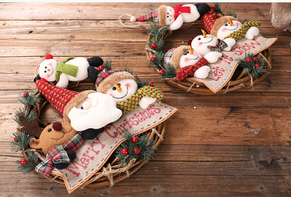 Christmas Rattan Wreath Old Man Snowman Elk Pendant 29*29CM Christmas Scene Arrangement Door Wall Hanging Tree Drop Ornaments
