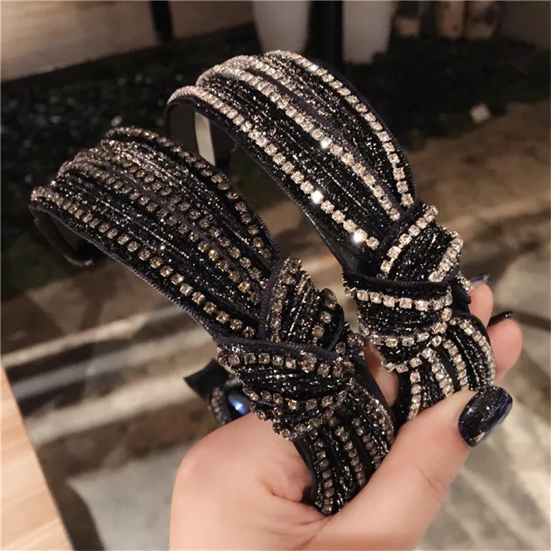 Корейские завязанные горным хрусталем черные повязки для волос аксессуары для волос оголовье для девочек сверкающие повязки для женщин