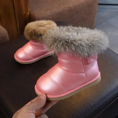 Детская повседневная обувь новые зимние ботинки martin с кроличьим мехом обувь для мальчиков и девочек модные кожаные мягкие Нескользящие теплые зимние ботинки европейские размеры 21-30 - Цвет: Розовый