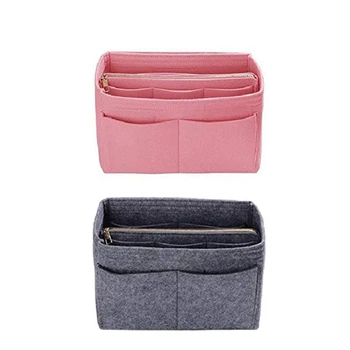 

2x Storage Bag Purse Organizer Felt Insert Bag Makeup Organizer Inner Purse Portable Cosmetic Bags XL Grey & Pink