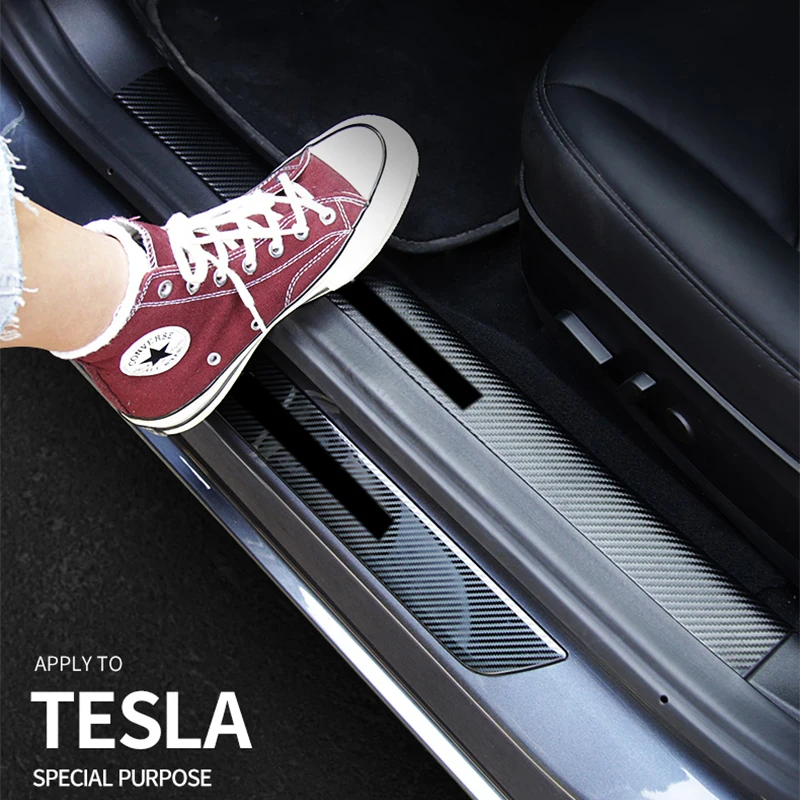 

4Pcs Carbon Fiber Car Door Sill Protector Welcome Pedal Anti-scratch Protective Repair Film Sticker For Tesla Model 3