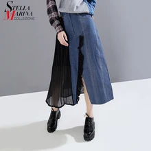 Новинка, корейский стиль, женская джинсовая шифоновая Лоскутная юбка, высокая талия, Женская прямая синяя длинная Повседневная Уличная юбка, 5879