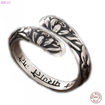

BOCAI S999 Sterling Silver rings lotus six word mantra ladies open pure silver ring for women 2020 new fashion female jewelry