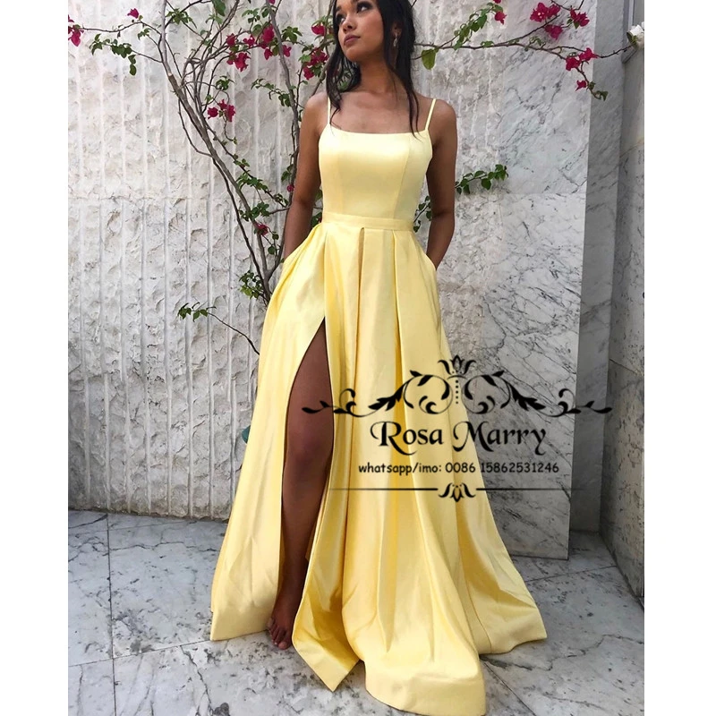 Vestidos de baile de baratos para niñas, Sexy, amarillo, talla grande, línea A, abertura diseño árabe Simple, vestidos formales fiesta de noche 2021|Vestidos graduación| - AliExpress