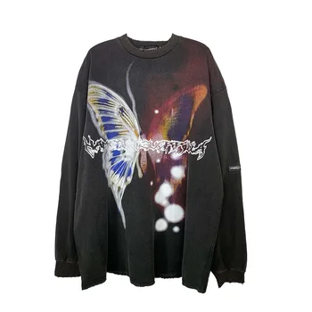 

IEFB / men's wear autumn New vintage oversize long sleeve t-shirts butterfly graffiti tie-dye printing hip-hop tops male 9Y3639