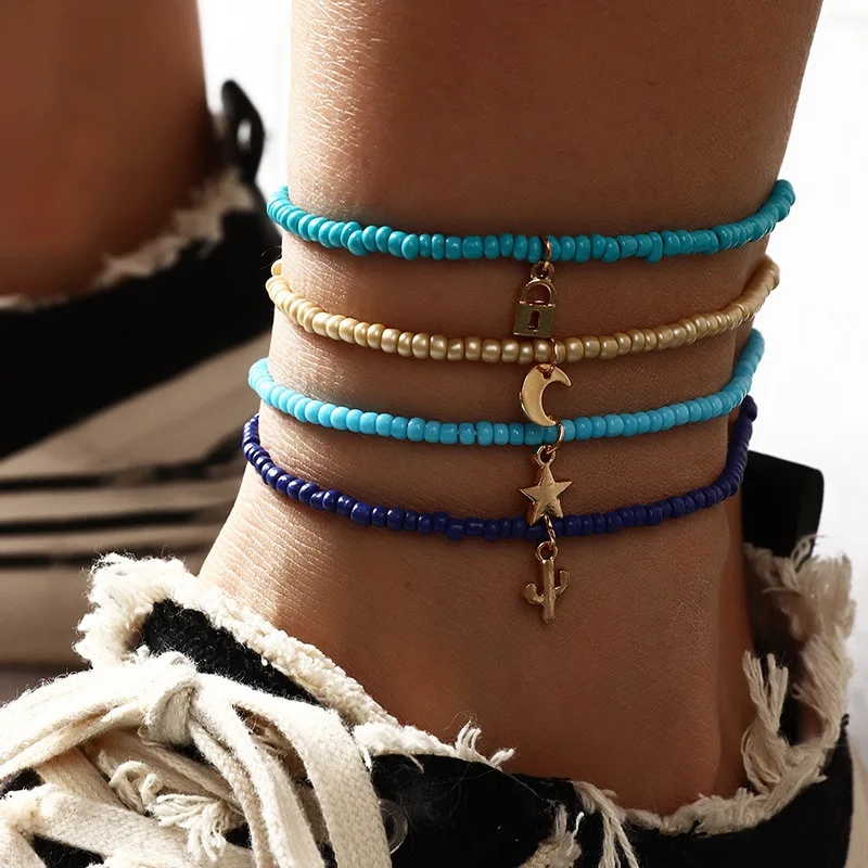Bohemian Colorful Bead Anklet Sets For Women Summer Beach Handmade Elastic Strech Barefoot Ankle Bracelet On The Leg Gift