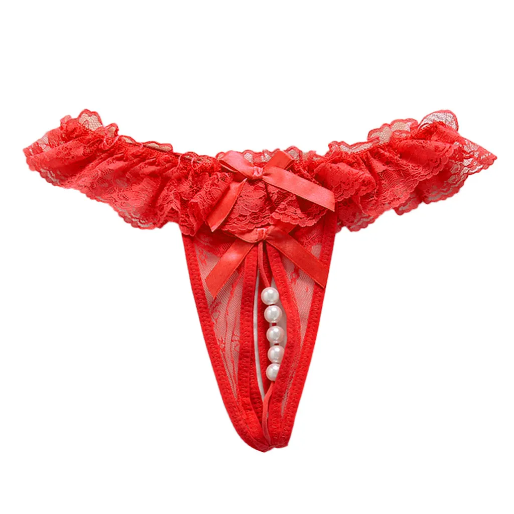 Open Lace Crotch Thong Mesh Pearl G-string Straps Sexy Lingerie Temptation Pants Women's Soft Briefs Bow Panty Underwear 51*