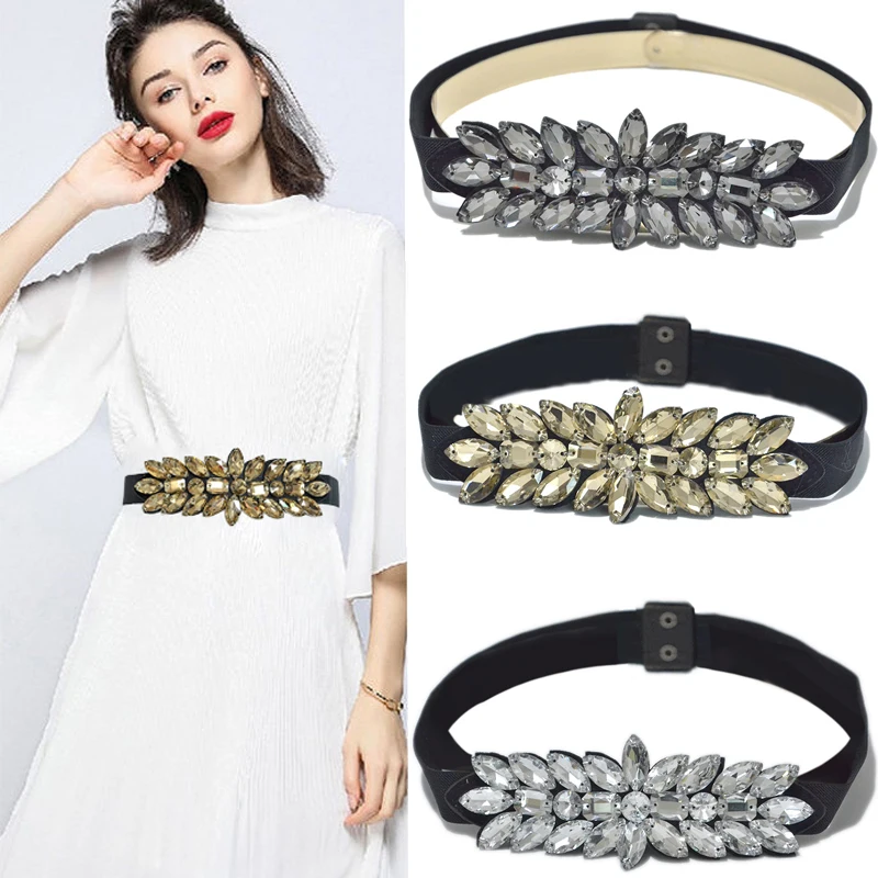 2.5cm Wide Rhinestone Belt Ladies Fashion Dress Wild Crystal Beads Elastic Waist Seal For Wedding Party Girdle Bg-447 handmade ladies elastic waistband decorative wide belt crystal rhinestone belt for dress coat wedding party clothing accessories