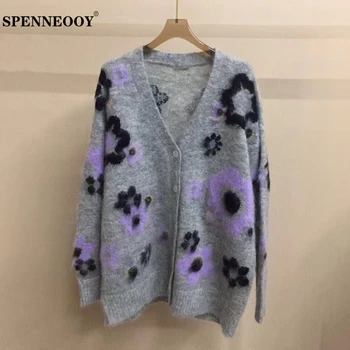 

SPENNEOOY Designer Custom Runway Autumn Women Mohair Knitting Cardigans Ladies Fashion Casual Long Sleeve Floral V-Neck Sweater