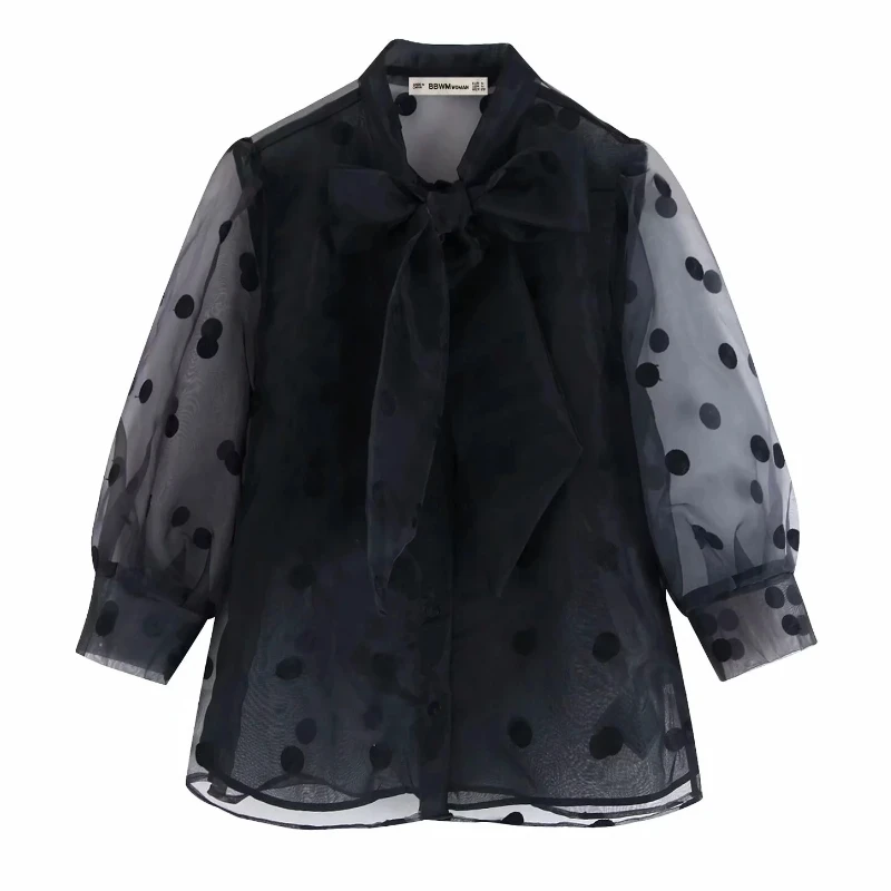 new women fashion bow tie collar polka dots embroidery black organza blouse ladies transparent chic shirts femininas tops LS4336 - Цвет: as pic LS4336BB