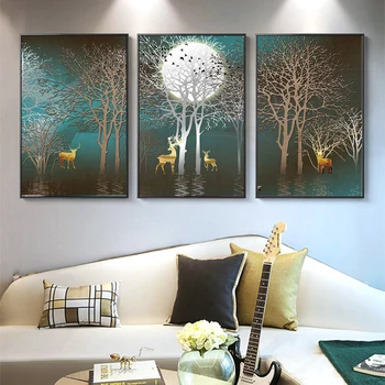 

3 Panels Abstract Canvas Creative Trees Deer Moon Silhouette Wall Art Painting Posters Living Room Decoration