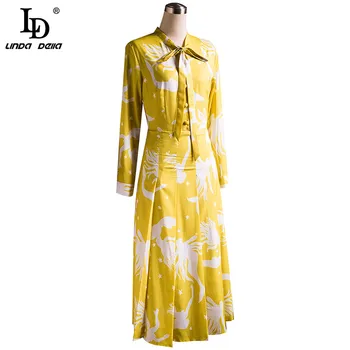 

LD LINDA DELLA Summer Fashion Runway Women yellow Maxi Dress Bow Print Office Lady Work Comfortable Casual Long Dresses