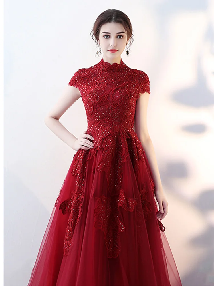 It's Yiya вечернее платье бордовые вечерние платья с высоким воротом аппликации с коротким рукавом элегантные вечерние платья со шлейфом E1058