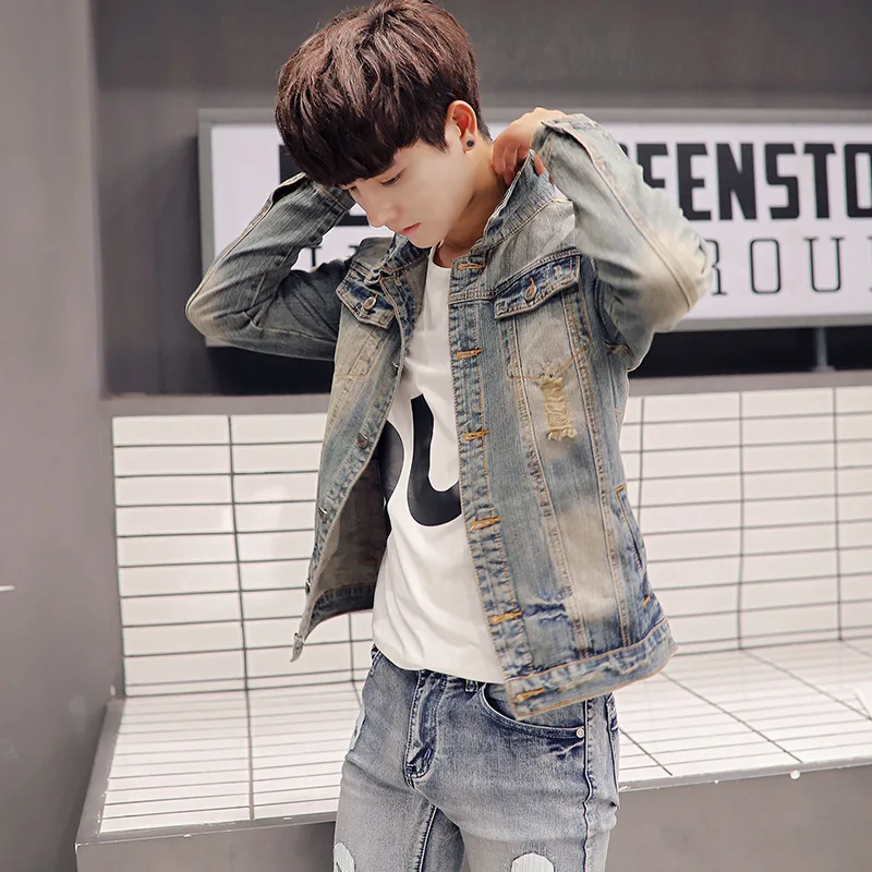 

Autumn New Style Cowboy outside Set Slim Fit with Holes Europe And America Teenager Short Jacket a Set Loose-Fit Jacket