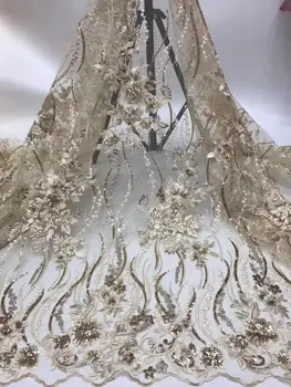 

Wholesale gold African lace fabrics with sequins latest fabrics high quality velvet, tulle sequins lace fabrics dress YYZ0893