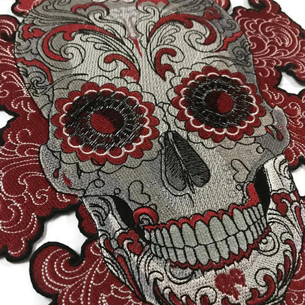 Flower Sugar Skull Embroidery Iron on Patches for Clothes Large Size Biker Backpack Jackets DIY MC Badges High Quality Accessory