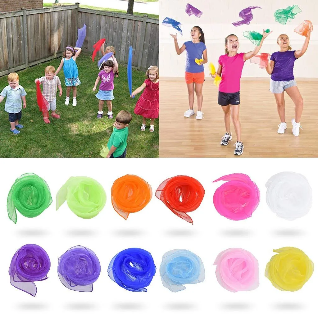 12Pcs Kids Square Scarf Outdoor Game Sports Toy Juggling Silk Dance Scarves Toys For Children Performance Props Accessories |