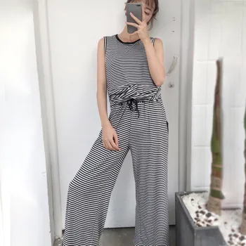 

Two Piece Set Women Fashion Striped Tank Top + High Waist Loose Ankle-Length Wide Leg Pants Set