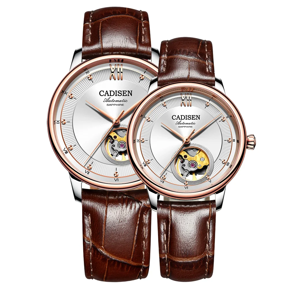 Rose gold white CADISEN пара механический комплект часов наручные часы для мужчин женщин Скелет MIYOTA90S5 ультра-тонкие часы кожаные женские часы для влюбленных - Цвет: Rose gold white