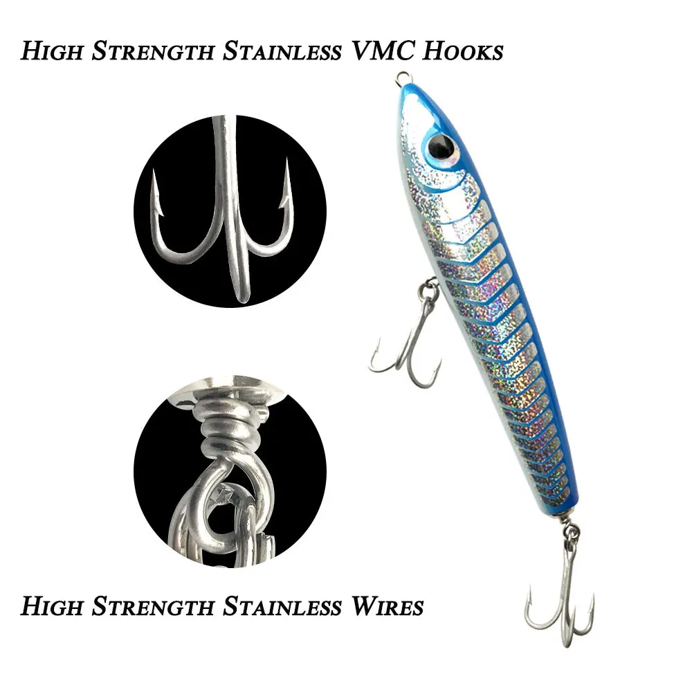 AS StickBaits VMC Treble Hooks 200g GT Tuna Trolling Lure Pencil Top Water Handmade Wooden Boat Fishing Artificial Bait