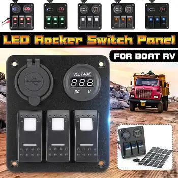 

12V 20A/24V 10A Car Boat 3 Way LED Rocker Switch Panel Dual USB Charger Socket Voltmeter W/Sticker For Truck Marine RV Bus