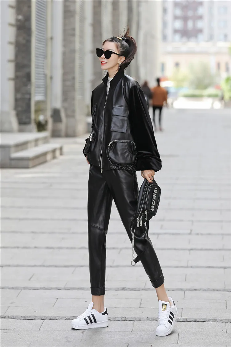 Genuine Leather Jacket Plus Size Mock Neck Safari Style Drop Shoulder Velvet Detail Sleeve Sheepskin Coat Women Casual Outwear