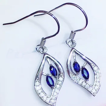 

Natural real blue sapphire leaves style drop earring Free shipping 925 sterling silver 0.15ct*4pcs gemstone Fine jewelry Q911271