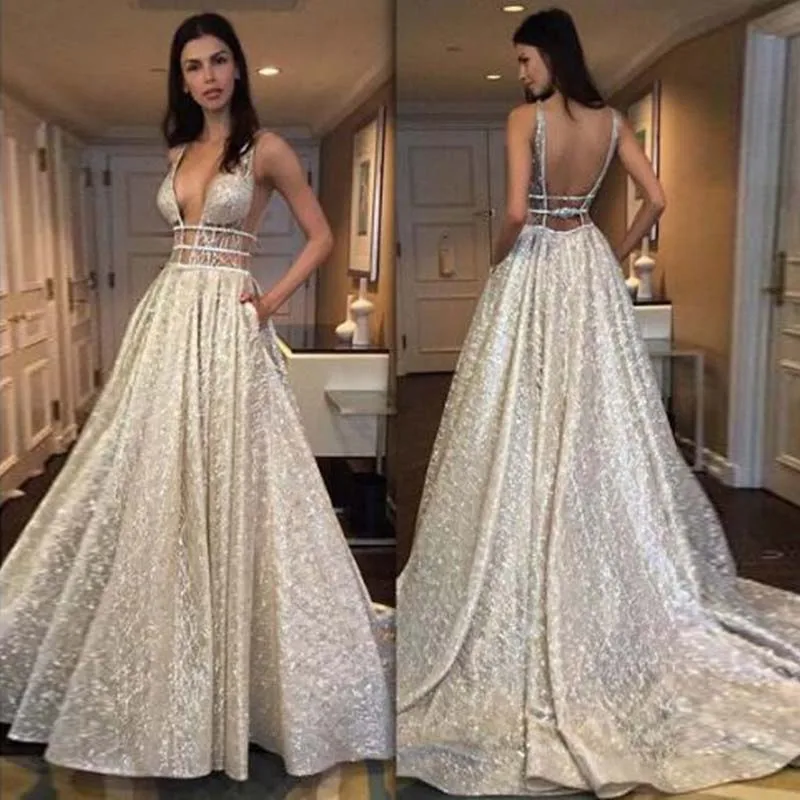 

Fashion Glitter Sequins Evening Formal Dresses robe de soiree A Line Sexy Deep V Neck Backless Long Vestidos Prom Evening Gowns