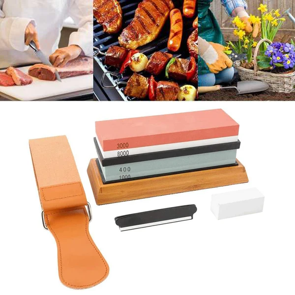 Whetstone Kés -Élesítő Grit 400/1000/3000/6000 Waterstone Laposító Kő Konyhai Élesítő Nem Slip Bambusz Alappal