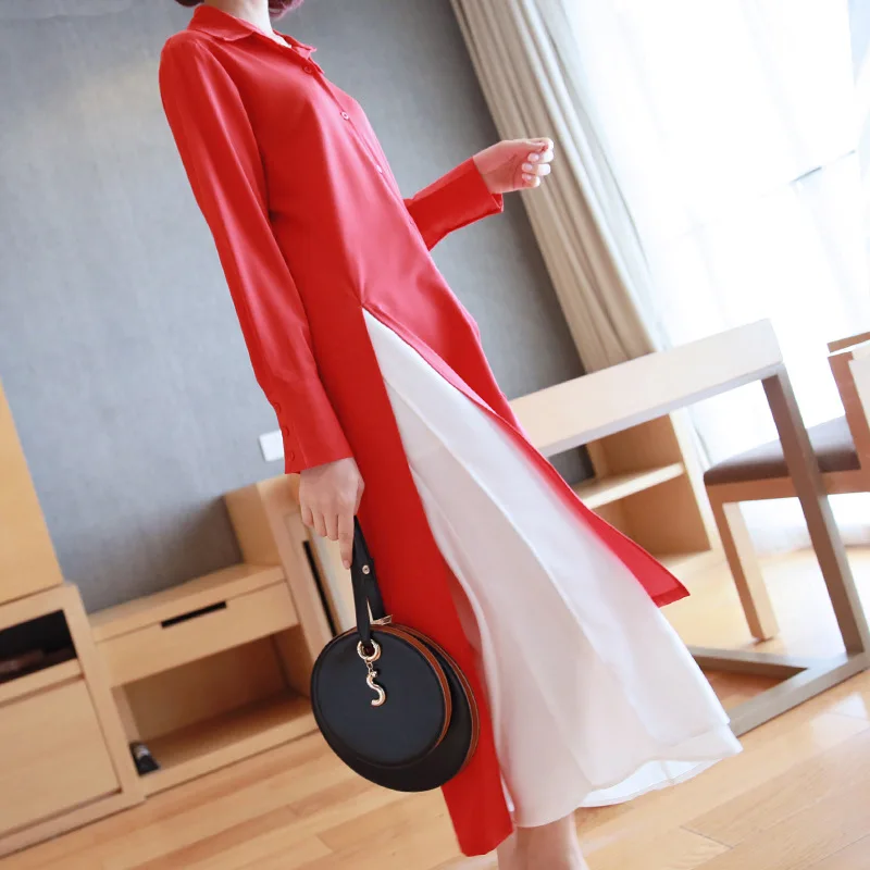 

Spring And Autumn Long Sleeve Chiffon Dress 2020 New Style Spring Clothing WOMEN'S Dress over-the-Knee Mid-length Slit Shirt Dre