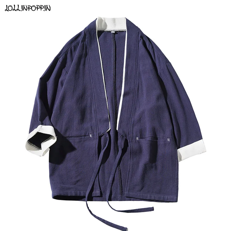 

Double Collar Men Kimono Jacket 2020 Spring Summer Cotton & Linen Thin Coat Japan Style Mens Haori Three Quarter Sleeves