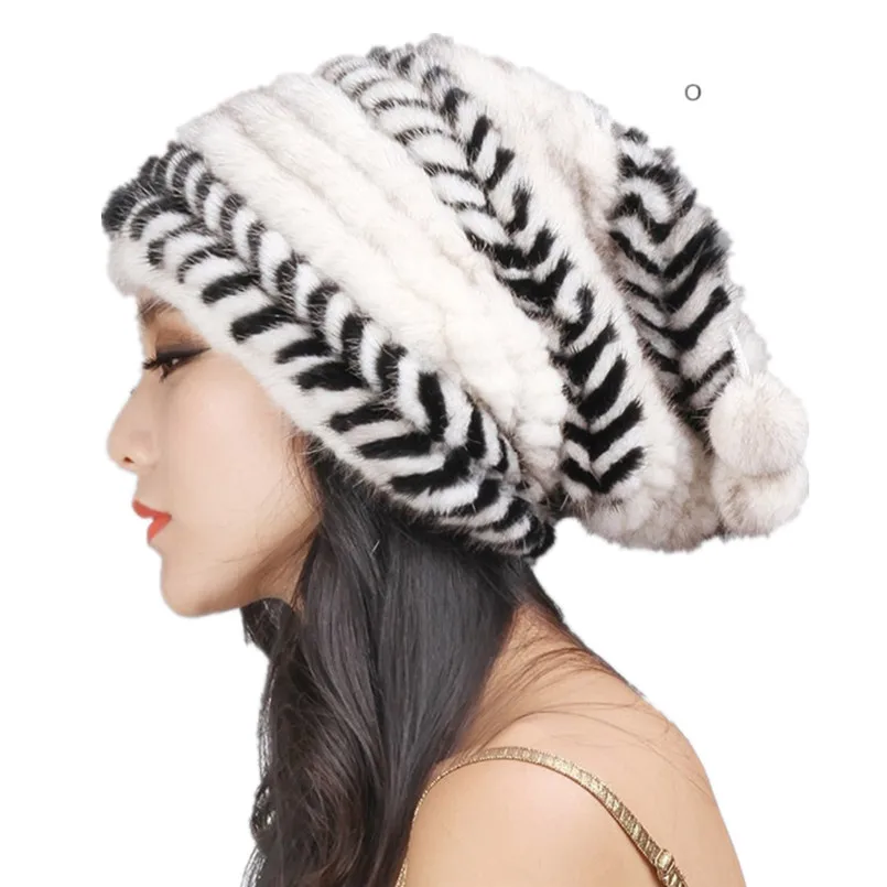 Frauen winter pelz hut haar nerz baggy beanie mit pelz ball schwarz braun weiß streifen herbst gestrickte H915 – Detail 1