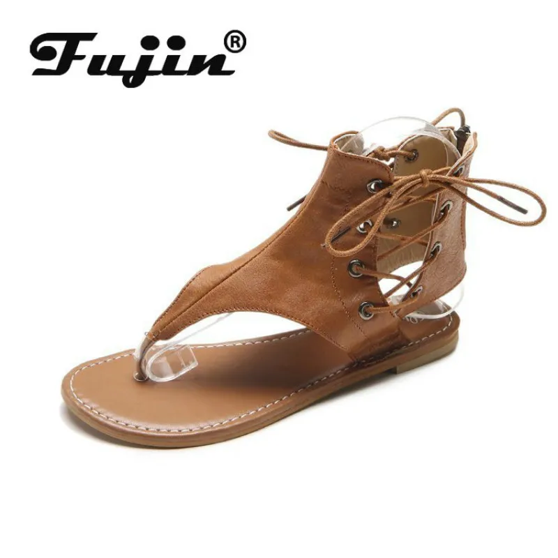 

Fujin Women Sandals Summer 2020 Cover Heel Leisure Solid Fashion Flat Bottom Pointed Toe Breathable Zipper Low Heels Women Shoes