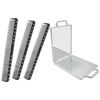 

3 Pcs Black Carbon Fine Cutting Comb Hairdressing Comb & 1 Pcs Rectangle Foldable Compact Makeup Folding Mirrors Silver