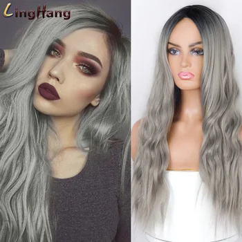 

LINGHANG Long Wavy Womens Wig Natural Part Side Hair Ombre Synthetic Wigs Platinum/Blonde/Black Wigs Heat Resistant for Women