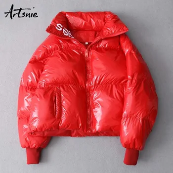 

Artsnie Letter Embroidery Christmas Thick Parkas Women Turtleneck Zipper Double Pockets Coats Red Winter 2018 Coats Chaqueta