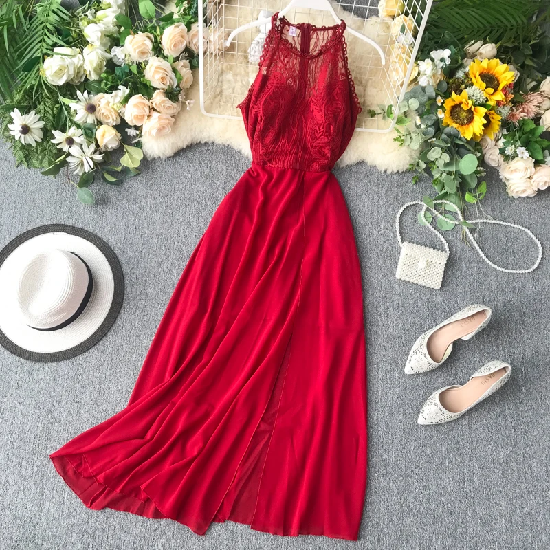 2020 Sexy Halter Neck Lace Patchwork Maxi Long Dress Elegant Summer Party Women Tank Sundress Sexy Split Casual Evening Vestidos